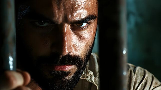 un hombre encarcelado con su rostro detras de los barrotes de la carcel encerrado en una celda en la prision concepto de frustracion y desesperacion 