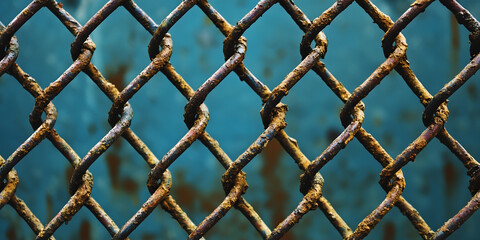 Fototapeta premium Rusty Chain Link Fence with Blue Background Symbolizing Strength and Weathering : Generative AI