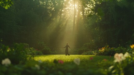 wide shot of person doing tai chi in garden surrounded by flowering plants and tall trees at dawn