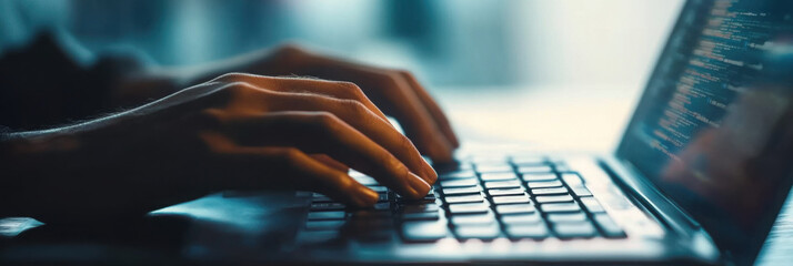 Businessman working on laptop computer on white table at office. Business man hands typing on laptop, online working, surfing the internet, close up