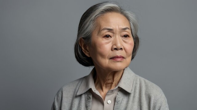 elderly asian female in casual wear on pastel color background model portrait looking serious for ad concept space for text