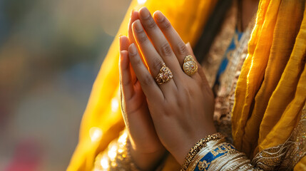 Closeup of Woman's Hands in Traditional Prayer Gesture Wearing Indian Attire : Generative AI