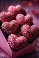 Obraz premium A decorative pink box overflowing with many small red hearts, perfect for romantic or festive uses