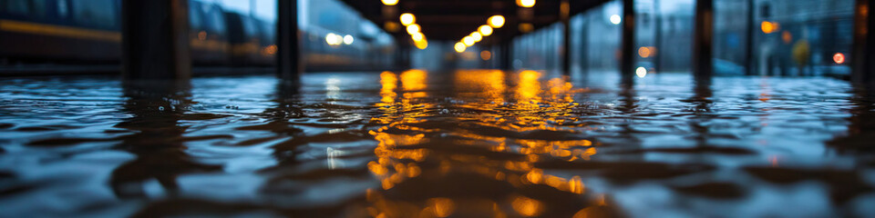 Nighttime Floodwaters Reflecting Train and Lights