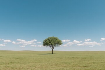 Obraz premium wide shot of single tree standing in open grassy field under bright blue sky with soft white clouds
