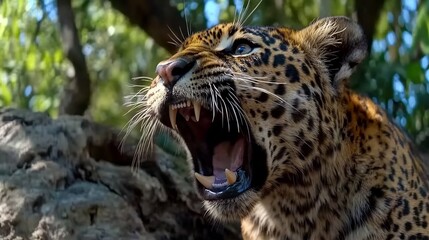 Fototapeta premium Majestic Leopard Roaring in the Jungle