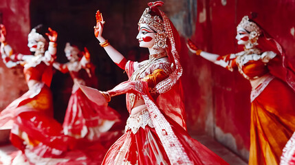 Captivating image of graceful dancers in vibrant red attire, adorned with intricate details and traditional makeup.