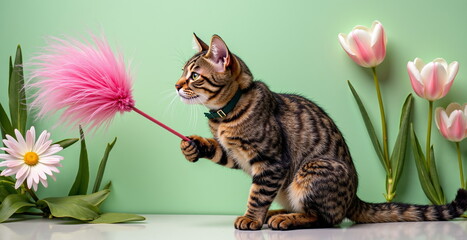Playful tabby cat with pink toy against green background