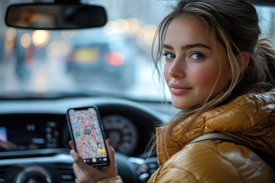A woman sitting in her car, holding a cell phone while driving