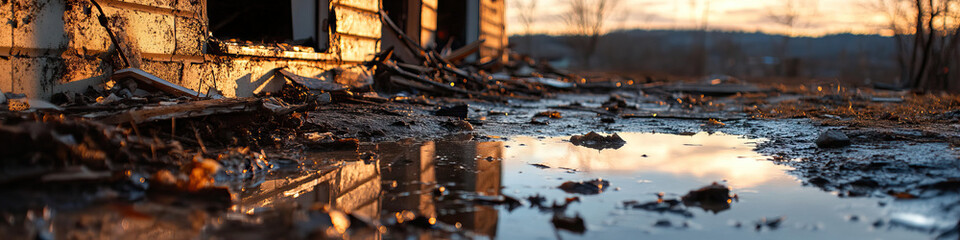 Post-Disaster Building Debris and Mud Puddle at Sunset