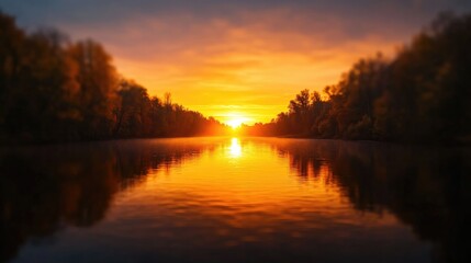 Fototapeta premium wide shot of sunset over calm river with golden reflections on water and blurred silhouettes of nearby trees