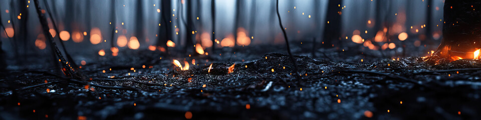 Forest Floor Embers and Charred Vegetation Post-Fire