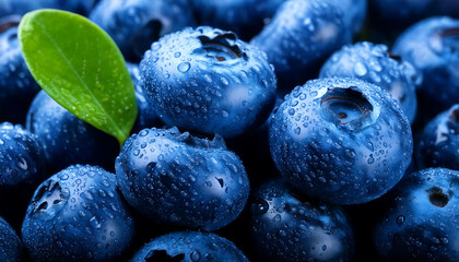 Close-up of fresh blueberries glistening with water droplets. A vibrant green leaf adds a touch of nature. Perfect for food blogs, packaging, or healthy eating campaigns.