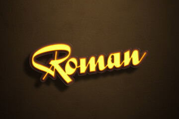 Yellow Neon Light Text Effect of name Roman on Golden background.