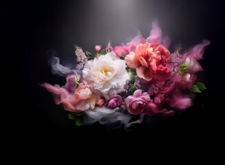 A bouquet of roses and other flowers, in various shades of pink, peach, and white, appears to be suspended in a cloud of colored smoke against a dark background.   