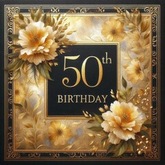 Elegant 50th birthday card design featuring golden florals and intricate patterns.