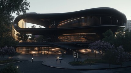 Fototapeta premium Modern architectural design of a unique building at twilight with soft reflections and greenery