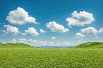 Obraz premium wide shot of open field with rolling hills in distance under bright blue sky and soft fluffy clouds