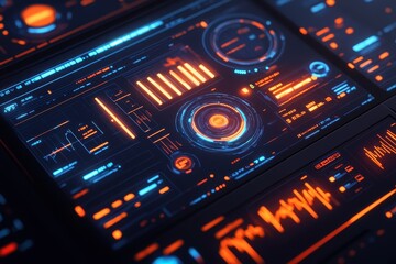 Obraz premium A dark themed data analytics dashboard with glowing graphs and charts