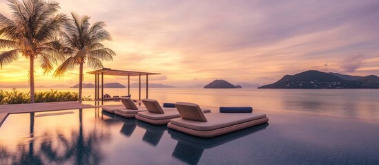 Fototapeta premium Sunset Serenity: Tropical Getaway at Infinity Pool