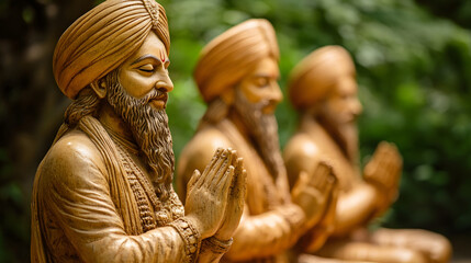 Fototapeta premium Serene Wooden Statues of Meditative Figures Praying in Lush Green Natural Setting : Generative AI