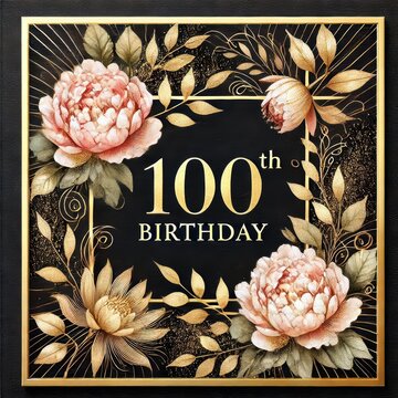 Elegant 100th birthday card featuring floral designs and a black background.