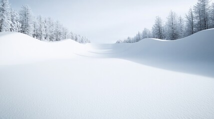 Fototapeta premium wide shot of natural half-pipes formed by snowdrifts on mountainside with blurred alpine forests below