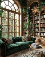 Luxurious library in a gothic castle room. The room features an emerald green sofa, leopard print pillows, a grand bookcase, tall windows, and plants