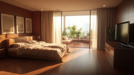 Serene Sunrise Bedroom with Balcony View