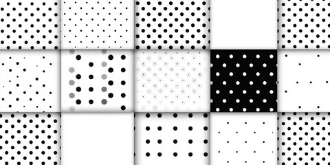 Various black and white dot patterns with diverse sizes and arrangements.