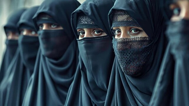 Expressive Muslim women in black niqabs captured in slow motion focus video.