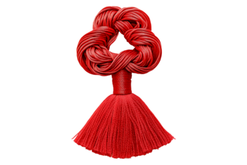 Red decorative Chinese knot with tassel isolated on white transparent background. Concept of culture and traditional Chinese Lunar New Year decoration