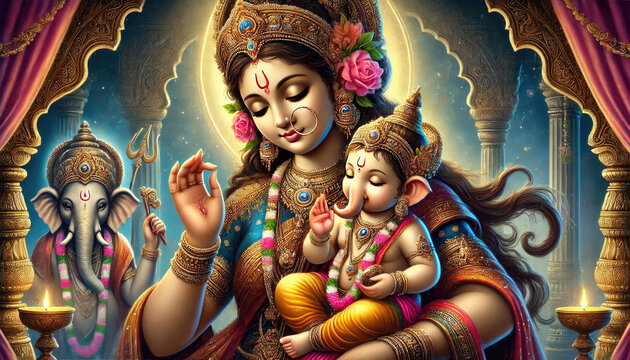 Baby Ganesh and Mother Goddess Parvati