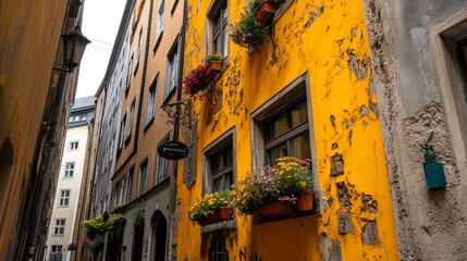 Comfortable house where windows are adorned by hanging flower baskets and potted plants