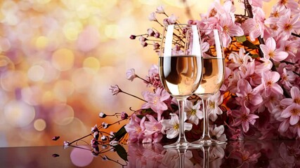Two glasses of champagne or sparkling wine with pink cherry blossoming.