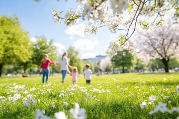 Fototapeta premium Family enjoys a sunny day in a blooming park while children play and explore the vibrant nature around them