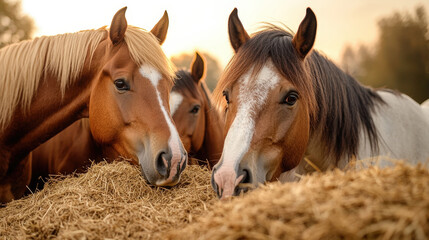 Obraz premium This captivating image showcases three horses peacefully enjoying hay in a serene farm environment, highlighting the beauty of nature and the bond between animals and their habitat.