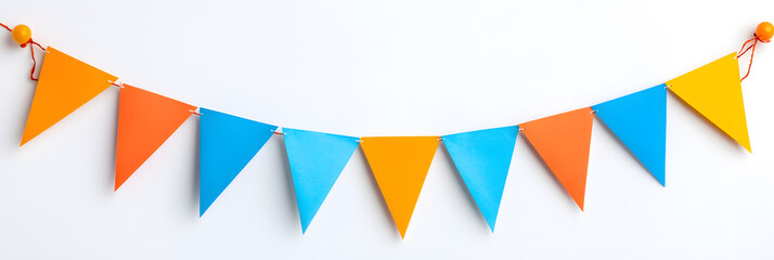 Obraz premium Colorful bunting party decoration with triangular flags in various hues, isolated on white background