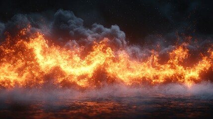 Night fire line burning with smoke, stars, reflections on dark water