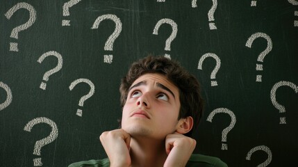 A young man stands in front of a chalkboard filled with question marks, contemplating the unknown