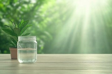 wooden table with glass jar of fresh rainwater and small potted plant in soft natural light