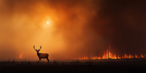 Fototapeta premium Wildfire Damage Impact on Deer Barren Land Wildlife Photography Smoky Environment Dramatic View