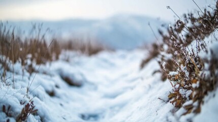 A snowy path runs through a green field on a winter day
