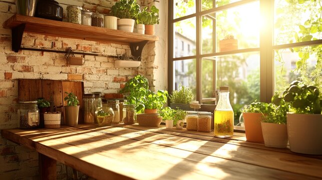 Fresh herbs and vegetables adorn a wooden table where a glass jug of olive oil is situated. This setup is perfect for healthy cooking and Mediterranean cuisine