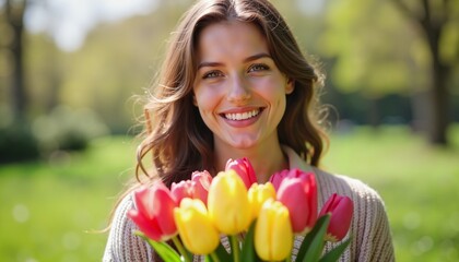 Smiling woman holding tulips in sunlit park, symbolizing International Womens Day joy