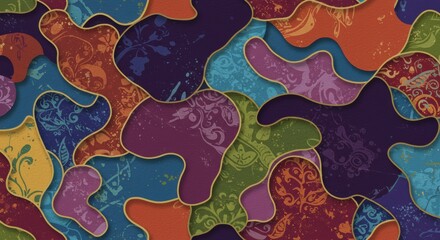 Abstract Organic Pattern:  A vibrant abstract design featuring organic shapes in an array of colors. Intricately layered and textured, this pattern is a feast for the eyes.