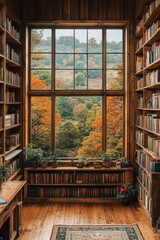 A cozy room with a bookshelf filled with various books next to a window, perfect for reading and studying