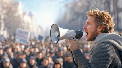 Protestor passionately speaks into a megaphone at a large demonstration in an urban setting during the day