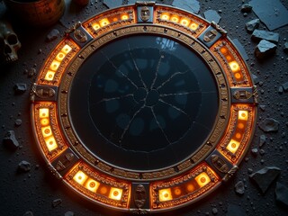 Naklejka premium Ornate circular mirror with broken glass and glowing lights