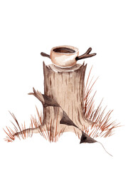 Cast iron pot of soup on a dry tree stump decorated with fabric flags. Autumn in a fairytale forest. Isolated watercolor illustration for your design
